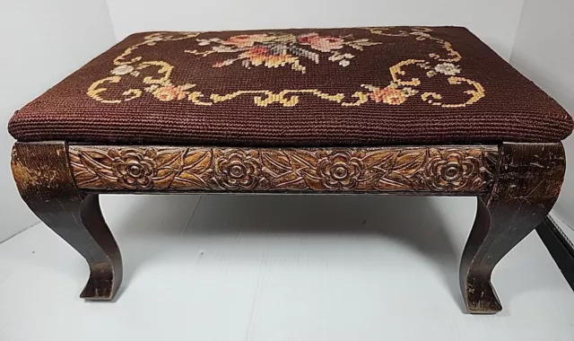 Vintage Floral Rose Carved Wood Footstool, Foot Rest Needlepoint Victorian Style