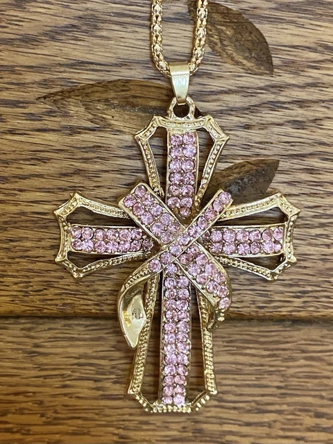 Betsey Johnson Pink Rhinestone Crystal Cross Pendant Chain Necklace NWT