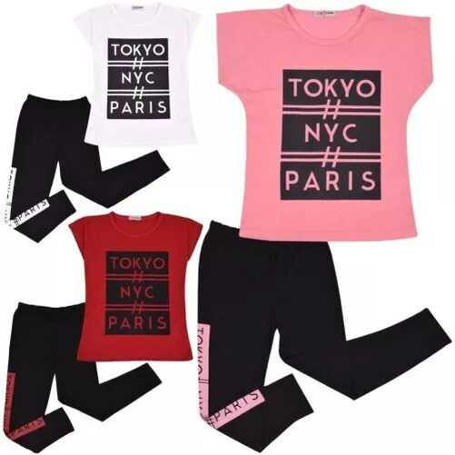 Top Bambina Maniche Corte Tokyo, Nyc, Stampa di Parigi T Shirt & Set Leggings