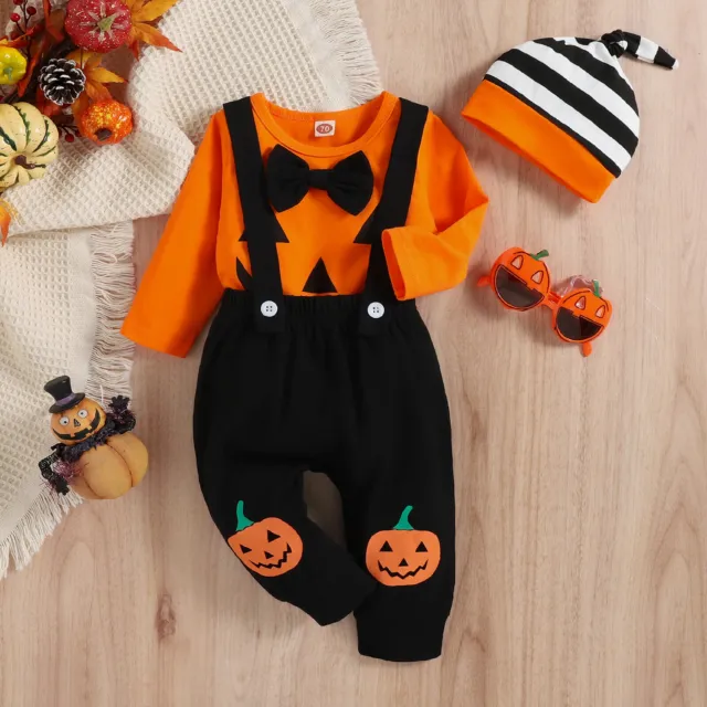 Newborn Baby Girls Boys Halloween Cosplay Romper Hat Outfit Pumpkin Costume Set