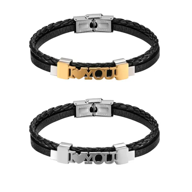 I love you Men's Black Leather Braided Couple Friendship Bracelet Cuff Wristband