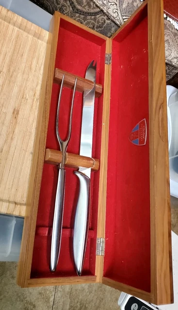 Near Mint Vtg Gerber Legendary Blades Carving Fork/knife Set W/walnut Case
