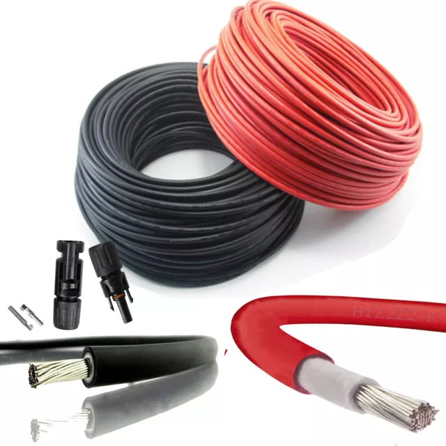 Solar Panel PV Cable DC Rated 4mm² & 6mm² + MC4 Connector Crimp Wire Red/Black