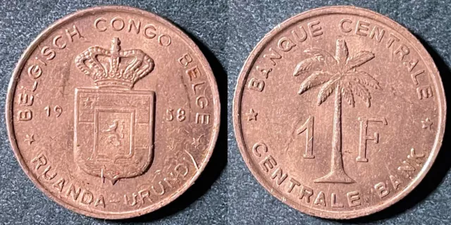 Belgian Congo and Ruanda-Urundi 1958 1 Franc Palm Tree KM-4 Aluminum XF+ #17