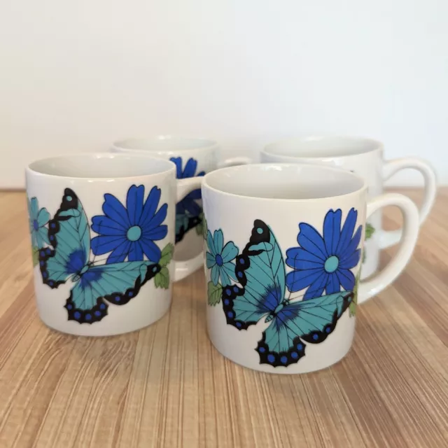 Set of 4 Vintage 1980s Ceramic Blue Teal Butterfly Daisy Coffee Mug Tea Cups