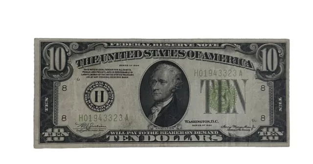 1934 $10 Federal Reserve Note-Light Green ~ St Louis H01943323A Extra Fine Con