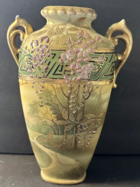 Antique Nippon Porcelain Hand Painted Vase Dbl Handles Raised Enamel Wisteria