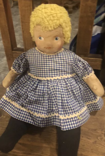 Antique Primitive Rag Doll Vintage Cloth Folk Art With Blonde Yarn Hair.  18”