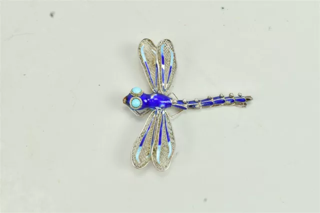 Antique Blue Enamel Dragonfly Brooch with Gold Vermeil Wash Sterling Silver 925