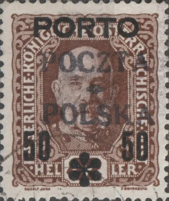 USED 1919 POLAND 50 Heller KING Stamp POLSKA POCZTA Overprint on Austrian PORTO
