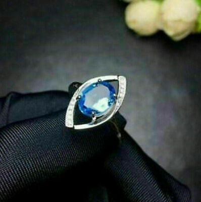 1.10 CT Oval Cut Blue Topaz Solitaire Evil Eye Cocktail Ring 14k White Gold Over