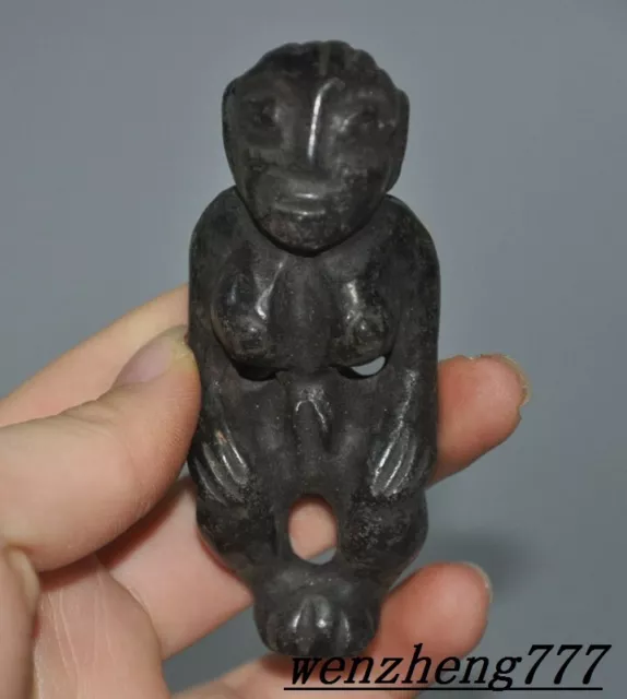 3.4"collect old China Hongshan culture old jade carved girl woman statue