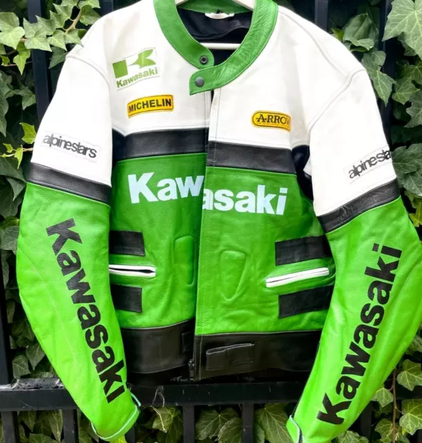 Men's Kawasaki Racing Green- White &Black Motorbike Cowhide Leather Comfy Jacket
