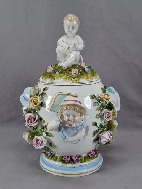 19th Century German Dresden Style Hand Painted Floral Encrusted Figural Urn Jar