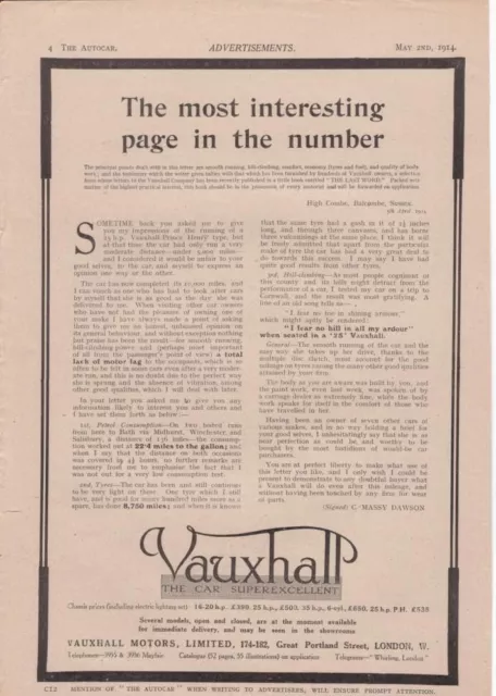 RF2071 1914 14 Vauxhall Vtg The AutoCar Magazine Ad