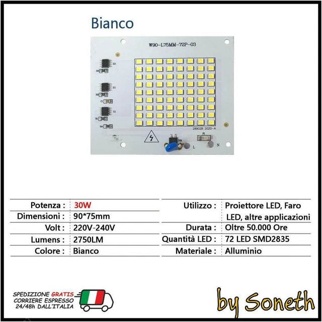 Piastra Chip Led Con Driver Integrato Di Ricambio Per Faro Faretto 30W Bianco
