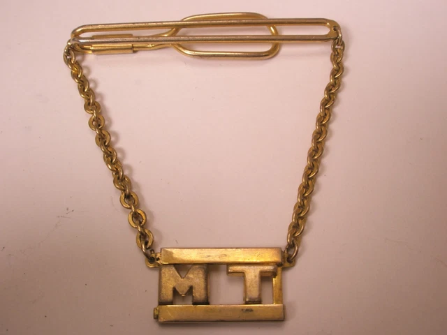 /MT Monogram Initial Letter Cable Link Chain Vintage SWANK Pendant Tie Bar Clip