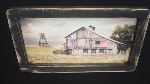 Primitive Country Print "OLD GREY BARN WITH FLAG" 11" x 6" Black Hand Made Frame