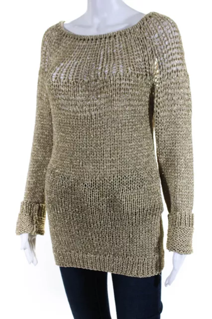 Tamara Mellon Womens Scoop Neck Metallic Open Knit Sweater Gold Tone Size Small 2