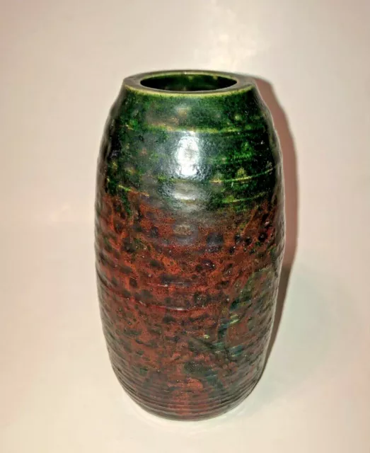 Vintage 5 1/2" Iridescent Copper Glazed Signed Raku Vase Vessel