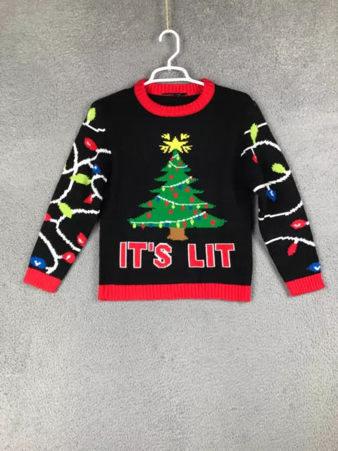 #FollowMe Its Lit Kids Long Sleeve Ugly Christmas Holiday Sweater Black Sz 10/12