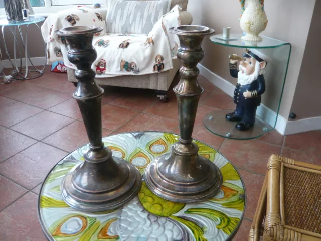 Vintage 10" Antique Pair Sheffield Silver Plated On Copper Candlesticks Viners