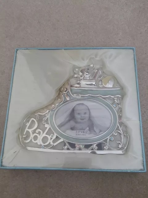 Silver blue bootee baby photo frame Teddy newborn gift