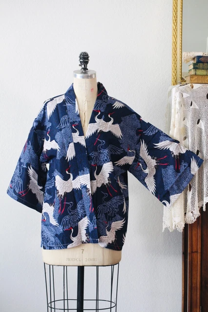 NWT Japanese Haori / Kimono Robe - Navy Blue Crane Patern - Unisex OS