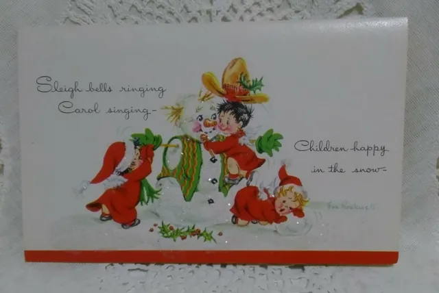 Vintage Eve Rockwell Christmas Card Snowman Children unused No Envelope