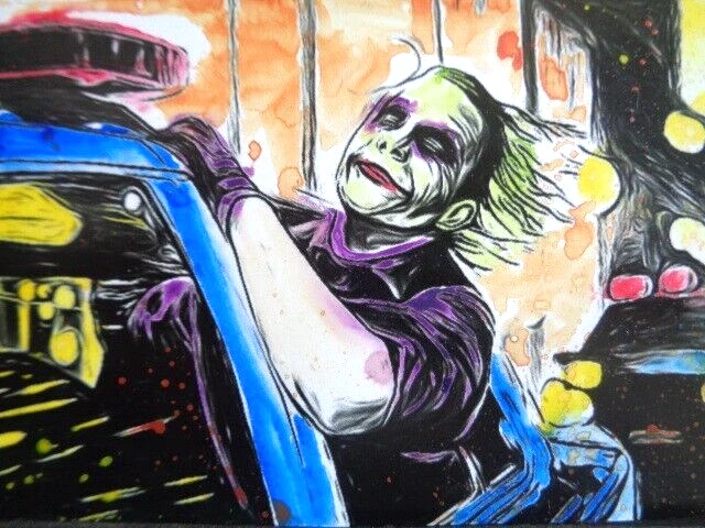 ACEO  ATC  Sketch  -  BATMAN - DARK KNIGHT  JOKER DRIVING POLICE CAR   Art