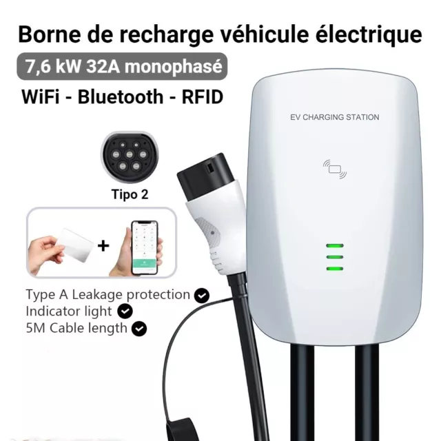 Borne de recharge de niveau 2 - Monophasé 7,6 kW - Mode 3 - Prise type 2 - 5m