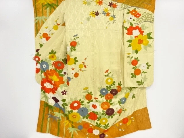 41114# Japanese Kimono / Antique Furisode / Embroidery / Peony & Kiku With S