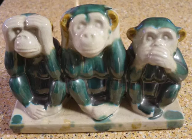 VINTAGE Majolica Style Ceramic Art Pottery See Hear & Speak Evil Monkeys