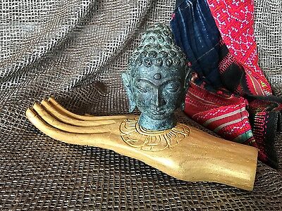 Old Balinese Bronze or Brass Buddha in Carved Wooden Hand …beautiful accent...