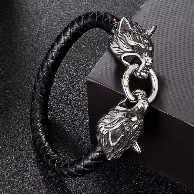 2023 Men's Vintage Color Stainless Steel Wolf Bracelet Black Leather Bangle New