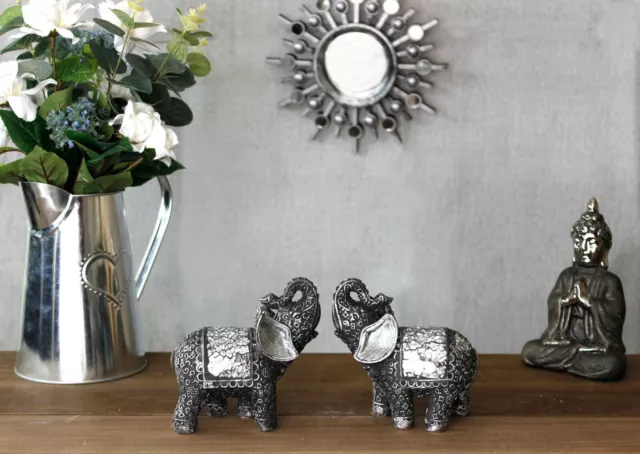 2x Silver Mosaic Elephant Ornaments Safari Animal Home Decor Lucky Sparkle