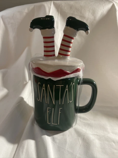 Rae Dunn Holiday Christmas SANTA'S ELF Green Mug with ELF Leg Topper