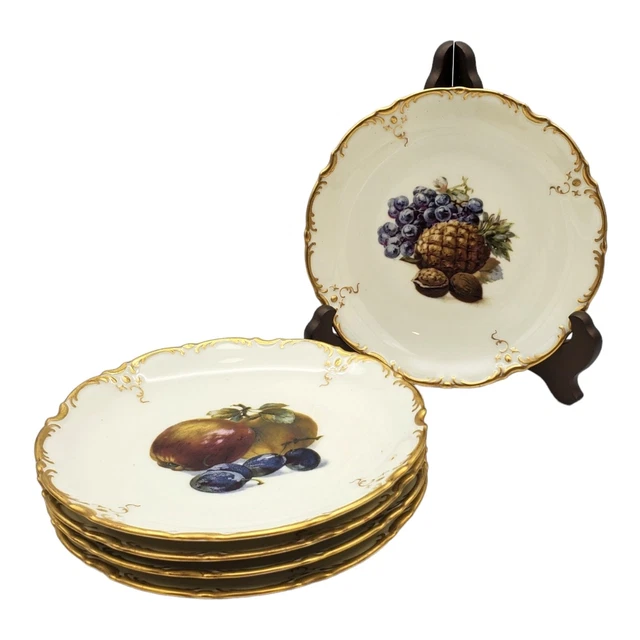 Antique Czech Pirken Hammer Hand Painted Porcelain Set 5 Plates Scalloped Gold