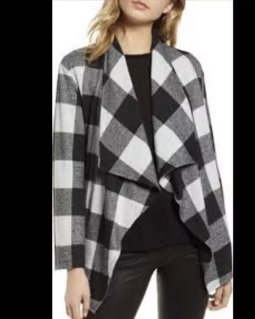 BB Dakota Womens Black & White Buffalo Plaid Open Front Jacket Medium