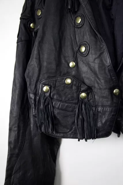 VINTAGE WOMAN BLACK Heavy Leather Motorcycle Biker Jacket Large Fringe ...