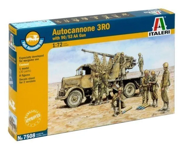 Italeri 7508 1/72 Scale Military Model Kit Lancia Autocannone 3RO w/90/53 AA Gun