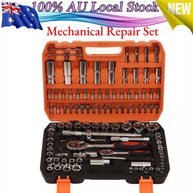 108PCS Tool Kit Socket Hand Set 1/2" & 1/4" Ratchet Spanner Wrench Metric Driver