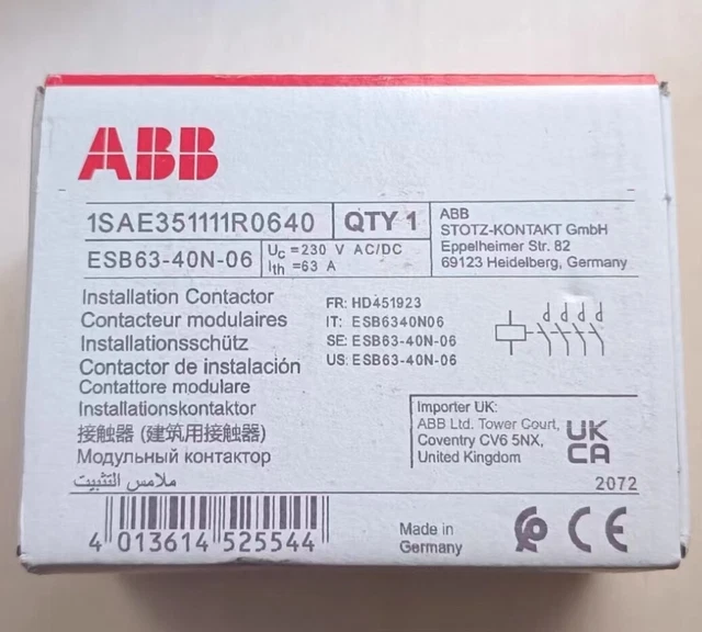 ABB ESB63-40N-06 – Installationsschütz 63A, 230V AC/DC, 1Sae351111R0640