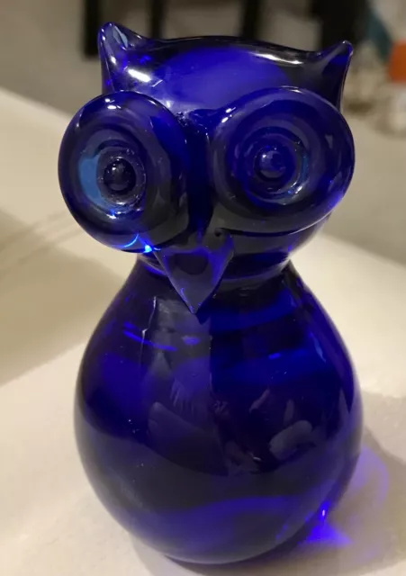 Vtg Modernist Murano Hand Blown Cobalt Blue Owl Art Glass Paperweight Figurine