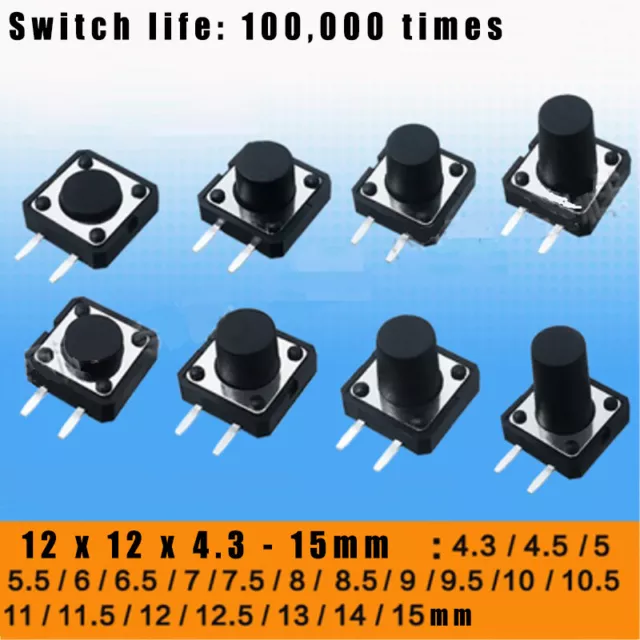 12x12x4.3 - 15mm PCB Momentary Tactile Tact Push Button Switch 2 Pin DIP 2 SPST