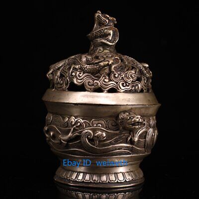 Collection Old Tibetan Silver Hand Carved Dragon Incense Burner w Xuande Mark