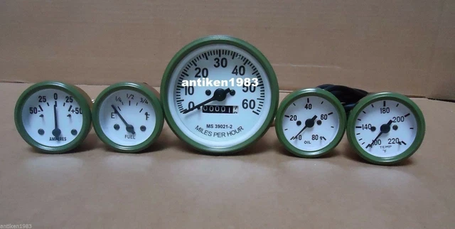 Willys MB Jeep Ford GPW CJ - Tachometer Temp Oil Fuel Amp Gauges - Weiß /Olv