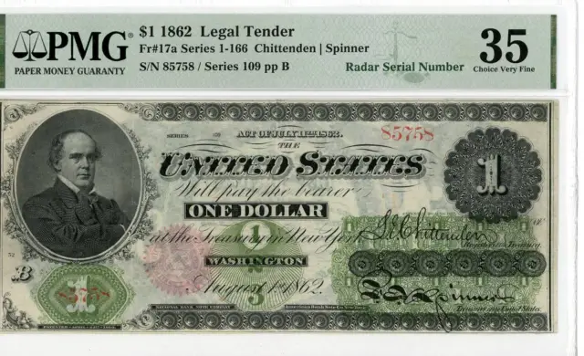 NobleSpirit No Reserve US 17a 1862 $1 Type 2 Legal Tender Series 109 PMG 35