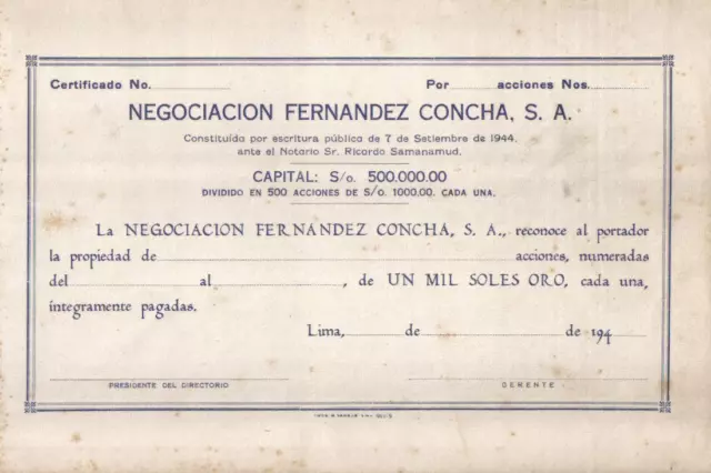 Original Peru 194_ Negociacion Fernandez Concha Company 1000 soles oro unissued