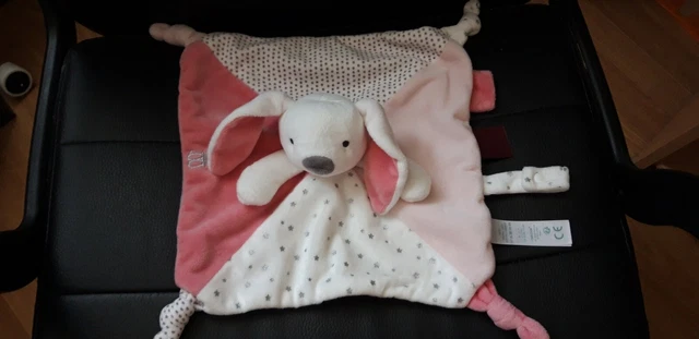 Obaibi Okaidi Doudou Lapin Plat Blanc Rose Attache Tetine Etoile Pois Tbe